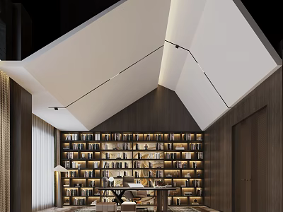 Modern Study Room Interior With Wooden Bookshelves Ceiling Light Strips Desk Chair And Window 3d model
