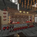 Traditional Chinese Century Fragrance Store Interior With Lanterns Clay Pots And Wooden Shelves
