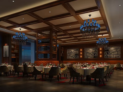 Elegant Restaurant Interior With Wooden Ceiling Chandeliers Dining Tables Chairs And Decorative Walls 3d model
