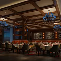 Elegant Restaurant Interior With Wooden Ceiling Chandeliers Dining Tables Chairs And Decorative Walls