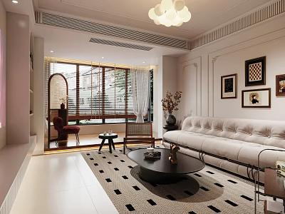 Modern Living Dining Room Interior With Beige Sofa Coffee Table And Geometric Rug 3d model