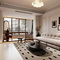 Modern Living Dining Room Interior With Beige Sofa Coffee Table And Geometric Rug