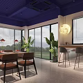 Elegant Café Interior Featuring Blue Ceiling Pendant Lights Wooden Shelves Red Tables And Green Plants