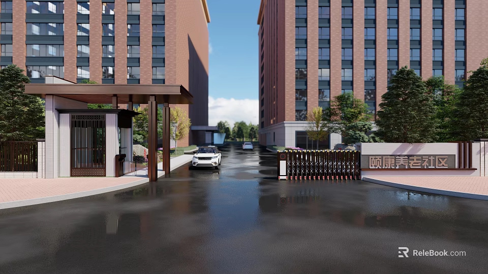 Residential Entrance Gate With Portico Columns White Car High Rise Buildings And Greenery 3d model 
