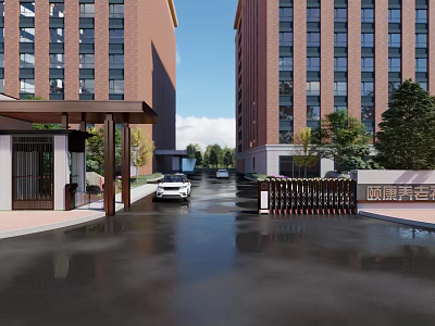 Residential Entrance Gate With Portico Columns White Car High Rise Buildings And Greenery 3d model