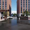 Residential Entrance Gate With Portico Columns White Car High Rise Buildings And Greenery