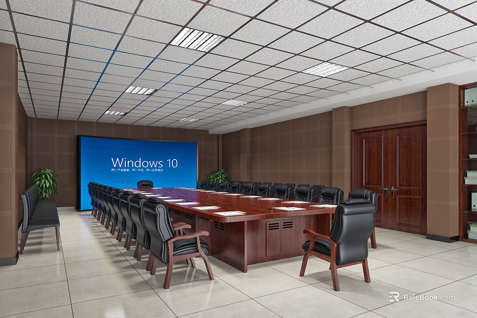 Conference Room Interior With Long Wooden Table Black Chairs Blue Screen And Wooden Doors 3d model 