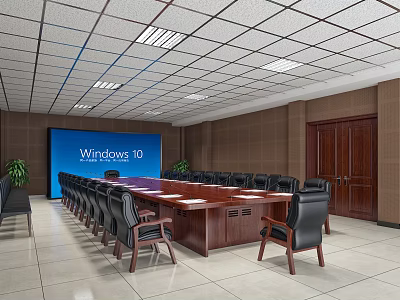 Conference Room Interior With Long Wooden Table Black Chairs Blue Screen And Wooden Doors 3d model