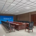 Conference Room Interior With Long Wooden Table Black Chairs Blue Screen And Wooden Doors