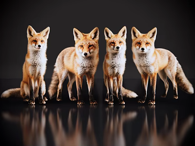 Four Brown And White Reptiles Standing On Black Background With Reflections 3d model