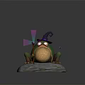 A Wizard Frog Wearing Pointed Hat Holding Magic Staff Sitting On Rock 3d model