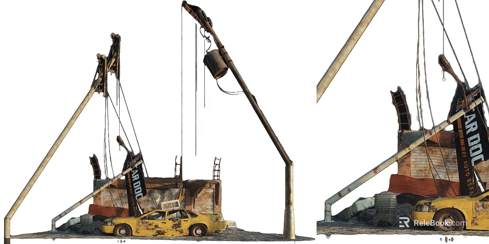 Industrial Crane Boom Lifting Bucket Near Yellow Car At Construction Site 3d model 
