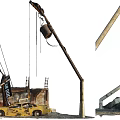 Industrial Crane Boom Lifting Bucket Near Yellow Car At Construction Site