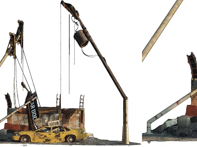 Industrial Crane Boom Lifting Bucket Near Yellow Car At Construction Site 3d model