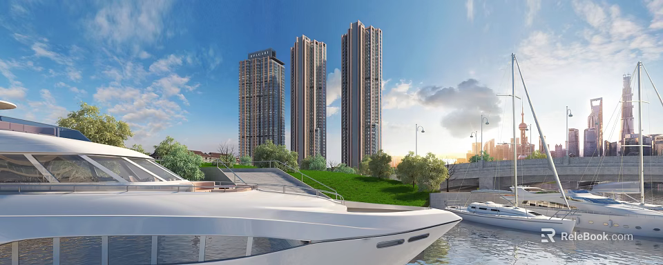 White Yacht By Urban Waterfront With High rise Buildings 3d model 