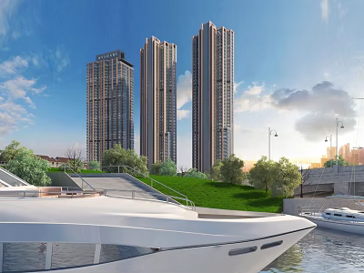 White Yacht By Urban Waterfront With High rise Buildings 3d model