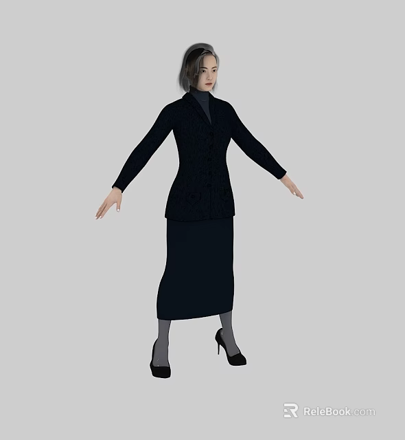 Woman With Arms Outstretched Wearing Black Coat Long Skirt Gray Socks And Black High Heels 3d model 
