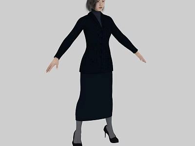 Woman With Arms Outstretched Wearing Black Coat Long Skirt Gray Socks And Black High Heels 3d model