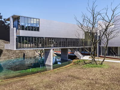 Modern Cultural Center Building With Large Glass Windows And Water Pool Reflection In Natural Surroundings 3d model