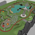 Park Landscape with Wooden Pergola Swings Climbing Structure Green Lawn and Red Path