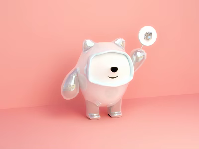 Cute White Plush Doll With Bear Ears Holding Shiny Round Decoration On Pink Surface 3d model