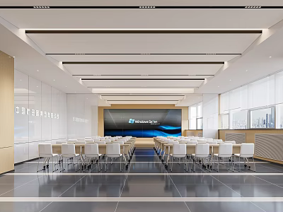 Spacious Modern Conference Room With White Chairs Large Screen And Floor to Ceiling Windows 3d model