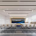 Spacious Modern Conference Room With White Chairs Large Screen And Floor to Ceiling Windows