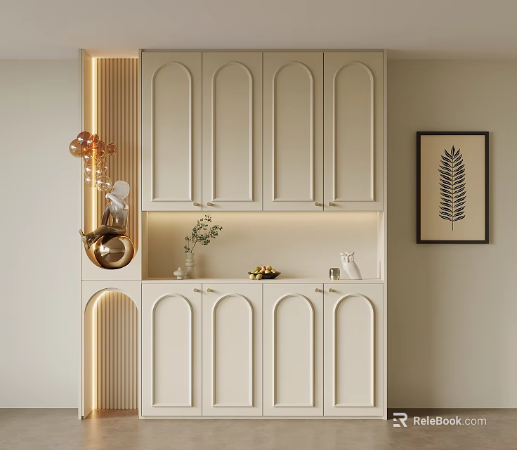 Modern Beige Shoe Cabinet Featuring Arched Doors Upper Lower Cabinets And Decorative Elements 3d model