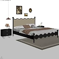 Stylish Double Bed with Scalloped Headboard Black Frame Beige Upholstery Pillows Nightstands Wall Art Rug