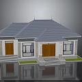 Single Storey House Exterior With Blue Roof Brown Wooden Doors Steps And Green Lawn