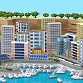Urban Waterfront Cityscape Featuring Tall Modern Buildings and Moored Yachts