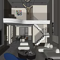Modern Duplex Living Room with Staircase White Sofa Round Coffee Table Blue Chair Windows Chandelier