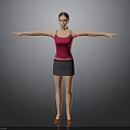 Woman in Red Tank Top and Black Skirt with Arms Outstretched Against Gray Background