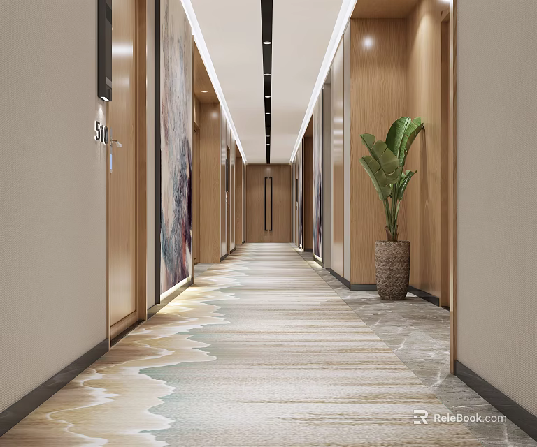 Modern Hotel Corridor With Wooden Walls Decorative Carpet Potted Plant And Wall Paintings 3d model 