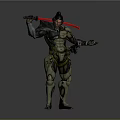 Sci Fi Character In Mechanical Armor Holding Red Lightsaber Standing Pose