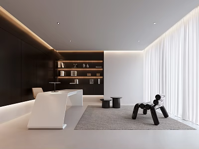 Modern Study Room Interior With White Desk Black Wall Bookshelf And White Curtains 3d model