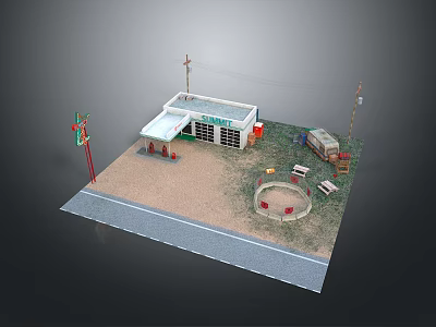 Modern Minimart Scene With Gas Pumps Outdoor Seating And Utility Poles 3d model