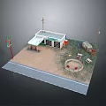 Modern Minimart Scene With Gas Pumps Outdoor Seating And Utility Poles