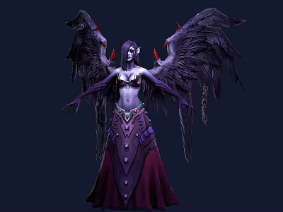 Game Movie Character With Dark Wings Purple Hair And Ornate Purple Red Gown 3d model