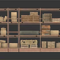 Wooden Storage Shelf With Multiple Layers Holding Various Boxes And Storage Containers 3d model