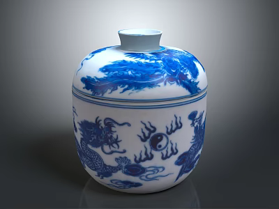 Chinese Style Blue And White Decorative Jar With Dragon Phoenix Patterns And Tai Chi Symbol 3d model