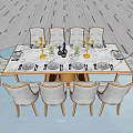 Elegant Dining Table Set With White Chairs Wooden Top And Decorative Tableware 3d model