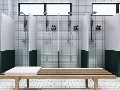 Modern SPA Sauna Interior with Shower Cubicles Wooden Bench Tiled Walls and Windows 3d model