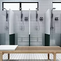 Modern SPA Sauna Interior with Shower Cubicles Wooden Bench Tiled Walls and Windows
