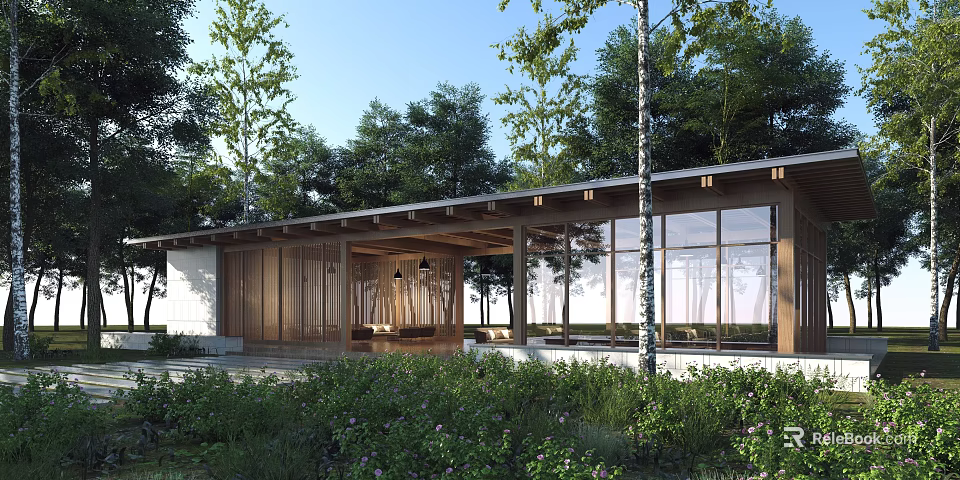 Modern Wooden Building With Large Glass Windows Surrounded By Trees And Greenery 3d model 