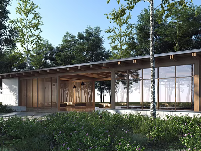 Modern Wooden Building With Large Glass Windows Surrounded By Trees And Greenery 3d model