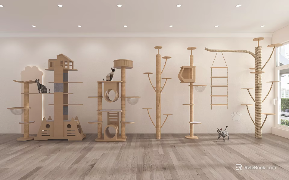Wooden Cat Trees With Multiple Designs Hanging Ladders And Platforms For Cats 3d model 