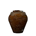 Vintage Brown Clay Wine Bottle With Two Handles And Intricate Engravings On Light Backdrop
