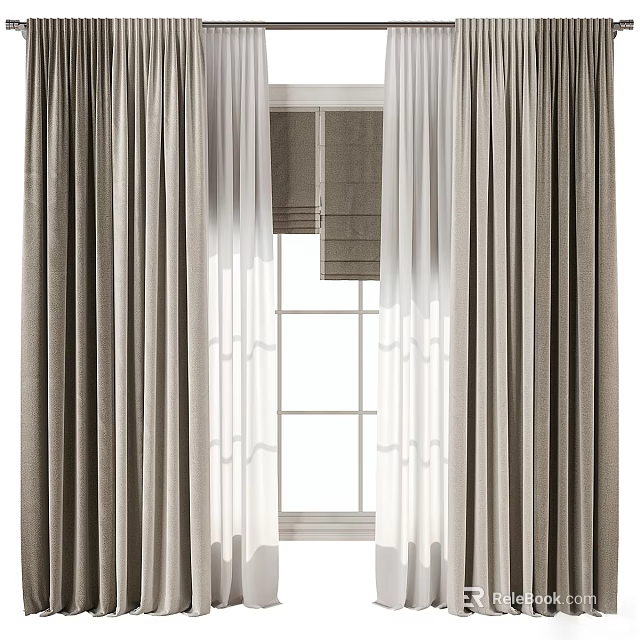 Gray And White Linen Curtains With Sheer Panel For Modern Window Design 3d model 