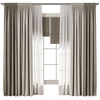 Gray And White Linen Curtains With Sheer Panel For Modern Window Design 3d model